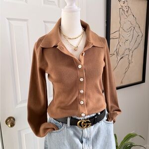 Levi’s Ribbed Knit Cardigan Small Brown/Tan Collared Pearl Button Y2k Fitted Top
